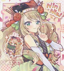 1girl adversarial_noise blonde_hair celine_(fire_emblem) celine_(ninja)_(fire_emblem) chibi chibi_inset closed_mouth detached_sleeves eyelashes fire_emblem fire_emblem_engage fire_emblem_heroes green_eyes highres hino222hikari holding holding_scroll long_hair looking_at_viewer ninja nintendo official_alternate_costume scroll very_long_hair