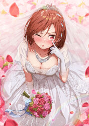 1girl ;p absurdres akanbe blush bouquet braid breasts bridal_veil bride brown_eyes brown_hair class_no_daikirai_na_joshi_to_kekkon_suru_koto_ni_natta. cleavage collarbone dress elbow_gloves eyelid_pull finger_to_eye flower gloves highres holding holding_bouquet jewelry large_breasts looking_at_viewer necklace official_art on_flower one_eye_closed petals red_eyes rose sakuramori_akane short_hair sitting solo tiara tongue tongue_out veil wedding_dress white_dress white_gloves