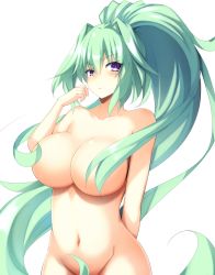 1girl arm_behind_back blush breasts collarbone commentary_request convenient_censoring doria_(p_f_dolia) female_focus green_hair green_heart_(neptunia) hair_between_eyes hair_censor hair_intakes hand_up highres large_breasts long_hair looking_at_viewer navel neptune_(series) nude open_mouth ponytail power_symbol power_symbol-shaped_pupils purple_eyes sidelocks simple_background solo symbol-shaped_pupils vert_(neptunia) very_long_hair white_background