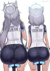 2girls absurdres animal_ears ass ass_focus bike_jersey bike_shorts black_shorts blue_archive blue_halo broken_halo commentary cycling_uniform dual_persona from_behind grey_hair halo highres long_hair medium_hair multiple_girls official_alternate_costume shiroko_(blue_archive) shiroko_(cycling)_(blue_archive) shiroko_terror_(blue_archive) short_sleeves shorts simple_background sweat threeboon twitter_username very_long_hair white_background wolf_ears