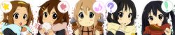 ! 5girls ? akiyama_mio amano_kouki black_eyes black_hair blonde_hair blue_eyes blush blush_stickers brown_eyes brown_hair closed_mouth eating facing_viewer feet feet_out_of_frame female_focus food food_on_face hair_ornament hairclip headband heart_(symbol) hirasawa_yui holding holding_food k-on! kotobuki_tsumugi long_hair looking_at_viewer meatbuns medium_hair multiple_girls musical_note nakano_azusa oden open_mouth scarf smile speech_bubble standing star_(symbol) sweet_potato tainaka_ritsu taiyaki teeth thick_eyebrows twintails upper_body wagashi yellow_headband