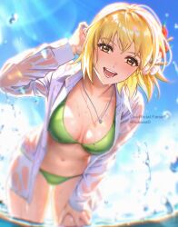 1girl artist_name bikini blonde_hair blue_sky breasts cagalli_yula_athha flower green_bikini gundam gundam_seed hair_flower hair_ornament hand_in_own_hair highres jewelry leaning_forward looking_at_viewer lukaaa medium_breasts necklace open_clothes open_shirt ring shirt short_hair sky smile swimsuit twitter_username water wet wet_clothes wet_shirt white_shirt yellow_eyes
