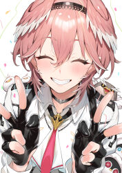1girl ascot birthday black_gloves chest_harness choker closed_eyes collared_shirt colored_tips commentary_request confetti double-parted_bangs double_v ganmo_(takane_lui) gloves grin hair_between_eyes hair_wings hairband happy harness highres hololive kakage lace-trimmed_hairband lace_trim light_blush lui-tomo medium_hair multicolored_hair partially_fingerless_gloves pink_hair portrait shirt smile solo takane_lui takane_lui_(1st_costume) teeth tsukune_(takane_lui) tsumire_(takane_lui) v virtual_youtuber white_shirt