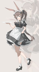 1girl absurdres alternate_costume amiya_(arknights) animal_ears apron arknights bell black_jacket black_shoes blue_eyes boots breasts brown_boots brown_hair chinese_commentary commentary_request enmaided full_body highres holding holding_tray jacket long_hair looking_at_viewer maid maid_headdress medium_breasts neck_bell open_mouth ponytail puffy_short_sleeves puffy_sleeves rabbit_ears shoes short_sleeves sidelocks simple_background smile socks solo standing standing_on_one_leg tray very_long_hair waist_apron white_apron white_socks yu_juan zoom_layer