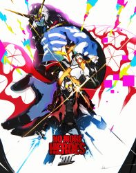 2boys absurdres alien armor black_hair blue_skin colored_skin copyright_name energy_sword extra_eyes fu_(no_more_heroes) glowing highres jacket kubaushi lens_flare male_focus multiple_boys no_more_heroes no_more_heroes_3 power_armor red_jacket smile sunglasses sword travis_touchdown weapon