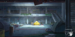 abandoned absurdres drum_(container) escalator graffiti highres indoors mall no_humans original railing scenery shopping_cart tent xingzhi_lv