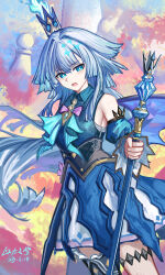 1girl absurdres black_thighhighs blue_dress blue_eyes blue_hair breasts cane cerydra_(honkai:_star_rail) chess_piece commentary_request crown dated dress highres holding holding_cane honkai:_star_rail honkai_(series) long_hair looking_at_viewer mini_crown open_mouth pawn_(chess) single_thighhigh solo thighhighs thighs yitai_zhi_meng