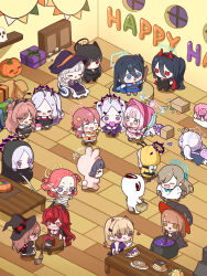 1boy 6+girls absurdres animal_costume animal_ears aris_(blue_archive) aru_(blue_archive) asuna_(blue_archive) bad_food basket bee_costume belt black_bow black_hat black_shirt black_skirt blue_archive blue_halo blush bow box breasts brown_belt brown_eyes cauldron character_doll chibi cleavage closed_eyes commander_(nikke) crossover doodle_sensei_(blue_archive) doro_(nikke) dress emma_(nikke) english_text fake_horns fake_wings food ghost_costume gift gift_box gloves goddess_of_victory:_nikke grey_hair grey_halo hair_bow hair_ornament hairband halloween_bucket halo hat heart heart_hair_ornament highres himari_(blue_archive) hina_(blue_archive) holding holding_basket holding_sword holding_wand holding_weapon horns indoors kirara_(blue_archive) large_breasts light_brown_hair long_hair low_wings mika_(blue_archive) multiple_girls mummy_costume musical_note nail_polish no_mouth no_nose no_pupils open_mouth pink_gloves pink_hair pink_halo purple_eyes purple_gloves purple_halo purple_hat rabbit_costume rabbit_ears red_dress red_eyes red_hair red_hood_(nikke) red_hood_(nonsense_red)_(nikke) reisa_(blue_archive) rio_(blue_archive) selfie_stick sensei_(blue_archive) shirt sitting skirt standing star_(symbol) star_hair_ornament sword table uz_(uzru0428) very_long_hair viper_(nikke) wand weapon wings witch_hat wooden_floor wooden_sword wooden_table yellow_halo yuzu_(blue_archive)