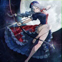 1girl arrow_(projectile) bare_legs black_shoes black_wrist_cuffs blue_dress blue_hat bow_(weapon) braid breasts commentary_request constellation constellation_print cross dress frilled_dress frills green_dress grey_hair hat high_heels highres kyogoku-uru legs medium_breasts multicolored_dress nurse_cap puffy_short_sleeves puffy_sleeves red_cross shoes short_sleeves solo touhou trigram weapon wrist_cuffs yagokoro_eirin yellow_eyes