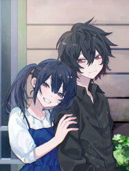 Rule 34 | 1boy, 1girl, :/, alternate universe, anoko (darenokoanoko), black hair, black jacket, blue dress, blush, boku no hero academia, brother and sister, brown eyes, building, closed mouth, collared jacket, commentary request, double-parted bangs, dress, fingernails, grin, hair between eyes, hand on another&#039;s shoulder, head on another&#039;s shoulder, head rest, highres, jacket, light particles, long sleeves, looking at another, looking at viewer, medium hair, messy hair, mole, mole under mouth, pinafore dress, shigaraki tomura, shimura hana, shirt, short hair, siblings, sidelocks, sleeveless, sleeveless dress, sleeves rolled up, smile, sunlight, tsurime, twintails, upper body, white shirt