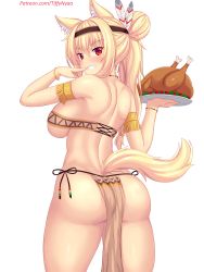 1girl animal_ear_fluff animal_ears arm_up ass blonde_hair bracelet breasts cat_ears cat_tail cowboy_shot feathers finger_to_mouth food grin hair_bun headband highres holding jewelry large_breasts loincloth long_hair looking_at_viewer looking_back no_panties nottytiffy original patreon_username red_eyes simple_background single_hair_bun slit_pupils smile solo tail teeth thanksgiving thighs tiffy_(nottytiffy) tray tribal turkey_(food) watermark web_address white_background