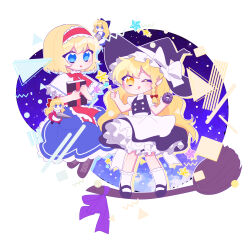 2girls :q absurdres alice_margatroid apron black_vest blonde_hair blue_bow blue_dress blue_eyes book bow braid broom broom_surfing capelet circle commentary_request doll dress frilled_hairband frills grimoire_of_alice hair_bow hairband hat hat_bow highres holding holding_book holding_polearm holding_weapon kirisame_marisa korean_commentary lance light_blush lolita_hairband long_hair looking_at_another looking_at_viewer mini-hakkero multiple_girls one_eye_closed open_mouth polearm rectangle red_bow shanghai_doll shoes short_sleeves side_braid single_braid smile socks star_(symbol) toichou_butterfly tongue tongue_out touhou triangle very_long_hair vest waist_apron weapon white_apron white_bow white_capelet white_socks witch_hat yellow_eyes yin_yang