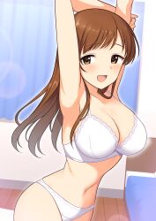 absurdres armpits arms_up bed bedroom bra breasts brown_eyes brown_hair curtains highres idolmaster idolmaster_cinderella_girls large_breasts long_hair looking_at_viewer nitta_minami open_mouth panties perapera stretching underwear underwear_only white_bra white_panties