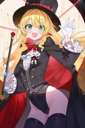 1girl absurdres black_cape black_hat black_leotard black_thighhighs blonde_hair blush borrowed_character bow breasts cape commentary green_eyes hat hat_bow hat_ribbon highres leotard long_sleeves mellow_kaede open_mouth original phantom_thief_(kkmomo67) red_bow red_ribbon ribbon small_breasts smile solo sweat symbol-only_commentary thighhighs top_hat