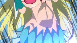 1girl animated animated_gif bikini bikini_top_only blonde_hair blue_eyes blush bouncing_breasts breasts fuji-san jewelry large_breasts long_hair mermaid monster_girl namiuchigiwa_no_muromi-san necklace swimsuit tagme