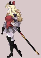Rule 34 | 1girl, ahoge, armor, armored dress, black gloves, blonde hair, blue eyes, boots, bow, bravely default: flying fairy, bravely default (series), dress, edea lee, from side, gloves, hair bow, katana, knee boots, long hair, missandydandy, pants, profile, red dress, sidelocks, solo, sword, weapon, white pants