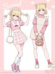 1girl animal_bag bag bear_bag black_bow blonde_hair blue_eyes border bow brown_bag closed_mouth collared_shirt commentary_request commission cropped_shirt double_bun dress full_body hair_bow hair_bun hat heart highres holding holding_bag kneehighs long_sleeves looking_at_viewer moya_(toatomoot) multiple_views original outside_border pinafore_dress pink_border pink_hat pink_shoes pink_skirt pink_socks plaid_clothes plaid_skirt puffy_short_sleeves puffy_sleeves pulling_own_hair shirt shoes short_hair short_sleeves skeb_commission skirt sleeveless sleeveless_dress sneakers socks standing twitter_username watermark white_bow white_dress white_shirt white_shoes white_socks