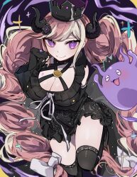 &gt;_&lt; 1girl a_sa_gohan absurdres black_choker black_dress black_gloves black_headwear black_horns black_nails black_sleeves black_thighhighs braid breast_hold breasts bright_pupils choker cleavage closed_mouth crown detached_sleeves dress dual_persona fingerless_gloves fingernails floral_print gloves hair_ribbon hand_up highres horns leg_up long_hair looking_at_viewer master_detective_archives:_rain_code medium_breasts mini_crown multicolored_hair nail_polish over-kneehighs pink_hair print_dress purple_background purple_eyes ribbon shinigami_(ghost)_(rain_code) shinigami_(rain_code) short_dress smile spirit swept_bangs thighhighs thighs twin_braids two-tone_hair very_long_hair white_hair white_pupils white_ribbon