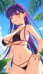 1girl :q absurdres akuma_nihmune armpit_crease bare_arms bare_shoulders bell bikini black_bikini blue_sky blunt_bangs breasts cleavage commentary demon_horns dripping ear_piercing earrings english_commentary fingernails groin hair_behind_ear hand_on_own_hip highres horns indie_virtual_youtuber jewelry jingle_bell large_breasts light_blush long_fingernails long_hair looking_at_viewer mole mole_under_eye multi-strapped_bikini_bottom multi-strapped_bikini_top navel o-ring_strap o_t_o_(3u9c6) outdoors palm_leaf piercing pink_eyes purple_hair purple_nails sky solo sparkle stomach swimsuit thighs tongue tongue_out virtual_youtuber wet