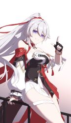 1girl absurdres against_railing artist_logo bare_shoulders black_gloves black_shirt blue_eyes breasts check_clothing chinese_clothes cleavage clothing_request commentary cowboy_shot detached_sleeves fingerless_gloves gloves hand_up highres honkai_(series) honkai_impact_3rd index_finger_raised kiana_kaslana kiana_kaslana_(ba-dum!_fiery_wishing_star) large_breasts leotard logo long_hair looking_at_viewer luyue ponytail purple_pupils railing shirt simple_background single_detached_sleeve smile solo star-shaped_pupils star_(symbol) symbol-shaped_pupils thighs white_background white_hair white_leotard white_sleeves