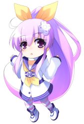 1girl :o boots bow chibi collar commentary_request d-pad d-pad_hair_ornament doria_(p_f_dolia) dress female_focus hair_between_eyes hair_bow hair_ornament long_hair long_sleeves looking_at_viewer neckerchief nepgear neptune_(series) open_mouth ponytail purple_eyes purple_hair sailor_collar sailor_dress sidelocks simple_background solo striped_clothes striped_thighhighs thighhighs very_long_hair w_arms white_background white_dress yellow_bow yellow_neckerchief