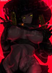 1girl absurdres ajirogasa artist_name bandaged_arm bandages black_hair bob_cut breasts chennibalism cigarette closed_mouth clothes_lift commentary commission english_commentary english_text female_pubic_hair glowing grey_scarf hat heishou_pack-mao_branch_(identity)_(project_moon) highres inverted_nipples limbus_company looking_at_viewer medium_breasts mole mole_on_breast navel pink_background project_moon pubic_hair ringed_eyes ryoshu_(project_moon) sarashi scar scar_on_stomach scarf shirt_lift short_hair simple_background smoke smoking solo undone_sarashi yellow_eyes