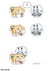 2girls animal_ear_fluff animal_ears black_horns blonde_hair blue_skin colored_skin food green_eyes highres horns jacket ju_fufu licking_another&#039;s_hair long_hair multicolored_hair multiple_girls oni open_mouth pointy_ears red_eyes sharing shirt short_hair sidelocks sima_(startwitch) simple_background skin-covered_horns soukaku_(zenless_zone_zero) sparkling_eyes steamed_bun symbol-shaped_pupils tail tiger_ears tiger_girl white_background white_hair white_shirt zenless_zone_zero