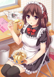 1girl :o apron bad_id bad_pixiv_id bag blush bow brown_eyes brown_hair chair chopsticks daikon egg female_focus folding_chair food frills hair_ribbon highres long_hair looking_at_viewer maid maid_apron maid_headdress nakamura_sumikage oden original plastic_bag radish ribbon sitting solo steam thighhighs two_side_up zettai_ryouiki