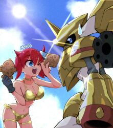 1girl aiba_ami arm_cannon artist_name bikini black_background black_gloves blue_eyes breasts cowboy_shot digimon digimon_(creature) digimon_story:_cyber_sleuth food from_side glint gloves gold_bikini golden_week holding holding_food large_breasts missing_commentary one_eye_closed rapidmon_(armor) red_hair side-tie_bikini_bottom side_ponytail simple_background sun sun_glare supermondobeat swimsuit tongue tongue_out weapon