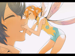 1boy 1girl agata120 bare_arms bare_shoulders blue_hair close-up closed_eyes closed_mouth facing_another fairy fairy_wings feet_out_of_frame floral_print from_side gallica_(metaphor:_refantazio) hairband hands_on_another&#039;s_face leotard metaphor:_refantazio noses_touching orange_hair parted_lips pointy_ears print_leotard profile protagonist_(metaphor:_refantazio) short_hair size_difference sleeveless smile thighs upper_body white_background wings yellow_leotard