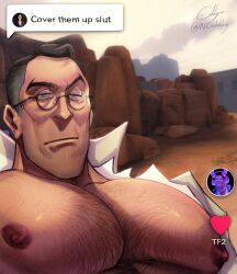 administrator_(tf2) animal_ears bara bare_pectorals black_hair blue_eyes cabbage_(ncalabby) canyon cheekbones chest_hair cover_them_up_slut_(meme) cowlick dialogue_box facial_hair fake_animal_ears game_screenshot_inset glasses grey_hair highres huge_pectorals lab_coat large_pectorals mature_male medic_(tf2) meme muscular muscular_male nipples parody pectoral_focus pectorals puffy_chest rabbit_ears round_eyewear screenshot_background signature stubble team_fortress_2 torn_clothes torn_coat user_interface