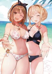 2girls :d ;d ^_^ atelier_(series) atelier_ryza atelier_ryza_1 beach bikini black_bikini blonde_hair blurry blurry_background blush bow bracelet braid breasts bright_pupils brown_hair cleavage closed_eyes cowboy_shot day depth_of_field fang gluteal_fold hair_bow hair_ornament hair_ribbon hair_up hairband hairclip halterneck highres horizon jewelry klaudia_valentz large_breasts medium_breasts multi-strapped_bikini multiple_girls navel necklace o-ring o-ring_bikini o-ring_bottom ocean official_art one_eye_closed open_hand open_mouth outdoors outstretched_hand print_bikini reisalin_stout ribbon sand sand_art short_hair side_braid sidelocks smile swimsuit thighs toridamono white_bikini white_pupils