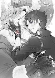 2boys animal_ear_fluff animal_ears ascot black_hair black_shirt blue_eyes blush claws coat commentary dog_nose english_text fang fang_out fate_(series) fingerless_gloves fujimaru_ritsuka_(male) fur-trimmed_coat fur_trim furrowed_brow furry furry_male gloves green_eyes grey_fur grey_hair greyscale hand_on_another&#039;s_face hand_on_another&#039;s_waist hand_on_own_head hand_tattoo heart highres kirin_e2 long_hair looking_at_another male_focus monochrome multiple_boys notice_lines patxi_(fate) saliva shirt smile spoken_heart strap tattoo translated wolf_boy wolf_ears yaoi