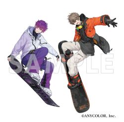 2boys ;d alban_knox belt black_belt black_boots black_gloves black_jacket black_shirt black_vest boots brown_hair copyright_notice crossed_bangs drawstring earrings fangs full_body gloves goggles goggles_around_neck grey_eyes hair_between_eyes hood hood_down hooded_jacket jacket jewelry long_sleeves looking_at_viewer male_focus multicolored_boots multicolored_jacket multiple_boys nail_polish nijisanji nijisanji_en official_art one_eye_closed open_clothes open_jacket open_mouth orange_boots orange_jacket outstretched_arm pants parted_lips pouch purple_eyes purple_hair purple_jacket purple_nails purple_pants saino_misaki sample_watermark shirt short_hair simple_background ski_boots ski_goggles skiing smile snowboard snowboarding standing thigh_pouch turtleneck two-tone_boots two-tone_jacket uki_violeta untucked_shirt vest virtual_youtuber watermark white_background white_boots white_jacket white_pants winter_clothes