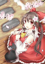 1girl absurdres ascot bad_id bad_pixiv_id bare_shoulders blush bow brown_hair cat detached_sleeves female_focus flower hair_bow hair_flower hair_ornament hakurei_reimu highres japanese_clothes long_hair looking_up miko nature pasutel plant red_eyes smile solo touhou