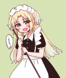 1girl :d alternate_costume amado_(amaddo_club) apron black_dress blonde_hair blue_eyes blue_hair broom commentary_request curtained_hair dress eighth_note enmaided fang gradient_hair green_background highres holding holding_broom link!_like!_love_live! long_hair love_live! maid maid_headdress multicolored_hair musical_note open_mouth osawa_rurino parted_bangs puffy_short_sleeves puffy_sleeves short_sleeves simple_background skin_fang smile solo speech_bubble spoken_musical_note translated virtual_youtuber waist_apron white_apron