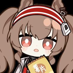 1girl :o angelina_(arknights) animal_ears animated animated_gif arknights black_choker blinking blush brown_hair chewing chinese_commentary chips_(food) choker coat commentary_request dot_nose earpiece eating food fox_ears hair_between_eyes hairband holding holding_food infection_monitor_(arknights) jacket long_hair looking_at_viewer lowres material_growth open_clothes open_coat open_jacket oripathy_lesion_(arknights) potato_chips red_eyes red_hairband red_jacket skland_1530589596514 solo striped_clothes striped_hairband transparent_background twintails two-tone_hairband upper_body white_coat