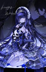 1boy 1girl absurdres black_hair blue_eyes blue_hair dress flower hairband highres holding lolita_fashion lolita_hairband long_hair original sitting skeleton skull very_long_hair zusiliao