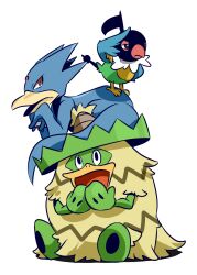 beak bird black_eyes bunsuke chatot creatures_(company) forehead_jewel game_freak gen_1_pokemon gen_3_pokemon gen_4_pokemon golduck highres looking_up ludicolo lying nintendo open_mouth pokemon pokemon_(creature) red_eyes simple_background spikes standing white_background wings