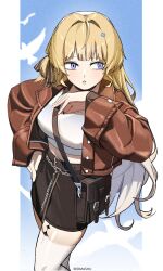 Rule 34 | 1girl, alternate costume, artist name, black bag, black skirt, blonde hair, blue eyes, breasts, brown jacket, casual, cleavage, commentary, crop top, cropped shirt, english commentary, hair ornament, hand on own hip, hand up, highres, jacket, leather, leather jacket, long hair, looking to the side, medium breasts, parted lips, phoebe (wuthering waves), redmashu, shirt, sideways glance, skirt, solo, tacet mark (wuthering waves), thighhighs, thighs, very long hair, white shirt, white thighhighs, wuthering waves, x hair ornament