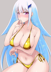 1girl arm_under_breasts bikini blue_hair blunt_bangs blush breasts cleavage collarbone colored_inner_hair commentary_request gold_bikini grey_background hair_ornament lize_helesta long_hair looking_at_viewer mikagami_sou multicolored_hair navel nijisanji purple_eyes side-tie_bikini_bottom sidelocks simple_background smile solo stomach swimsuit thighs two-tone_hair virtual_youtuber white_hair