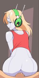 1boy 1girl android animated animated_gif anus ass blonde_hair blue_eyes bottomless colored_skin curly_brace doukutsu_monogatari from_behind grin headphones hetero long_hair looking_back nickleflick penis pov pussy sex smile uncensored vaginal white_skin
