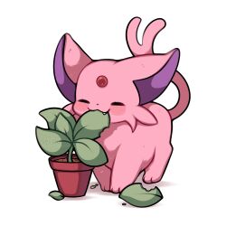 absurdres animal_focus closed_eyes closed_mouth eating espeon fang forehead_jewel forked_tail gen_2_pokemon highres leaf nintendo no_humans plant pokemon pokemon_(creature) pokemon_focus potted_plant sevi_(seviyummy) simple_background smile solo tail