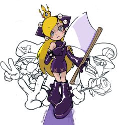 1girl 2boys artist_name axe bare_shoulders belt_boots black_dress black_footwear black_gloves blonde_hair blue_eyes blush_stickers boots bracelet closed_mouth crown double_v dress elbow_gloves full_body gloves head_tilt highres holding holding_axe holding_wearose hooded_dress jewelry knee_boots long_hair looking_at_viewer mario_(series) mario_power_tennis mario_tennis mini_crown multiple_boys nintendo pigeon-toed sleeveless sleeveless_dress solo_focus sooperman spiked_bracelet spikes standing v waluigi wario warupeach