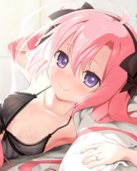 akazawa_red alternate_costume armpits azur_lane bed blush breasts collarbone commentary_request jewelry lingerie long_hair looking_at_viewer negligee pillow pink_hair portrait purple_eyes resolution_mismatch ring saratoga_(azur_lane) small_breasts smile source_larger underwear wedding_ring