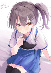 1girl absurdres artist_name black_hair black_thighhighs blue_hakama chocolate hakama hakama_short_skirt hakama_skirt highres hizaka holding japanese_clothes kaga_(kancolle) kantai_collection long_hair muneate one-hour_drawing_challenge red_eyes side_ponytail sitting skirt solo thighhighs