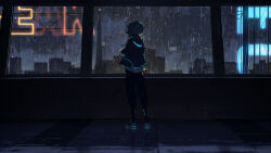 Rule 34 | 1other, absurdres, ambiguous gender, artist name, baggy pants, black jacket, black pants, black shoes, building, city, cityscape, commentary request, floating hair, from behind, highres, indoors, jacket, kakko (hibiki bellfox), looking outside, neon sign, neon trim, night, original, pants, rain, reflection, reflective water, science fiction, shoes, short hair, signature, skyline, skyscraper, solo, standing, window