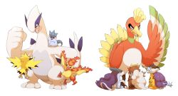animal_focus articuno beak bird claws creatures_(company) entei fang fire flying game_freak gen_1_pokemon gen_2_pokemon ho-oh legendary_pokemon long_hair lugia moltres mutsuri_(schwarzer-hund) nintendo no_humans open_mouth pokemon pokemon_(creature) purple_hair raikou red_eyes ribbon sitting suicune third-party_source white_background white_hair zapdos