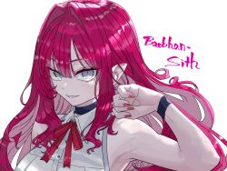 1girl baobhan_sith_(fate) breasts character_name choker fate/grand_order fate_(series) grey_eyes hand_up highres long_hair looking_at_viewer niwaikanai pink_hair pink_nails pointy_ears sidelocks smile solo upper_body white_background