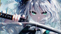 1girl arm_up black_bow black_bowtie black_hairband blurry blurry_background bow bowtie closed_mouth commentary english_commentary glaring glint green_eyes green_vest hairband holding holding_sword holding_weapon konpaku_youmu looking_at_viewer portrait shirt short_hair solo sword touhou vest weapon white_hair white_shirt xiirus